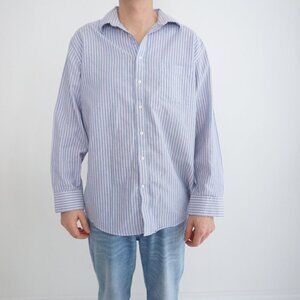 Stafford Blue White Pinstripe Wrinkle-Free Oxford Regular Fit Button Dress Shirt